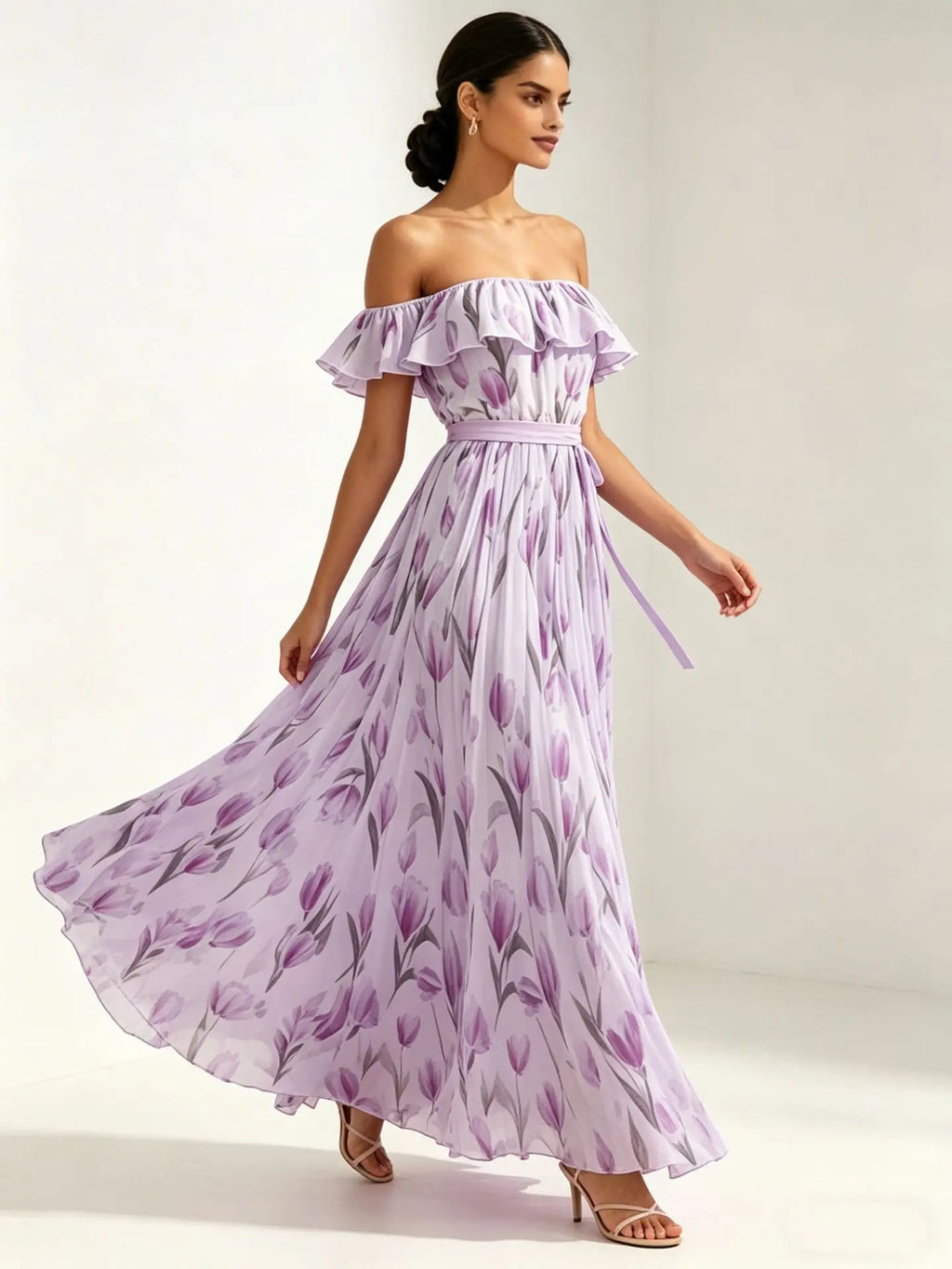 2026 summer off-the-shoulder tulip print plus size slimming square neck maxi dress