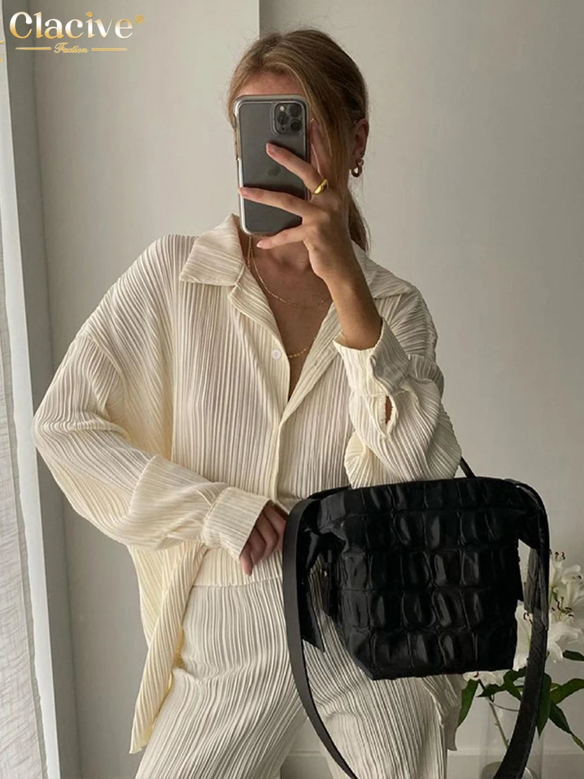 Clacive Causal Loose Home Suit Autumn Long Sleeve Blouse With High Wasit Pants Set Women Elegant Pleated Beige 2 Piece Pant Sets Ürün ana görseli