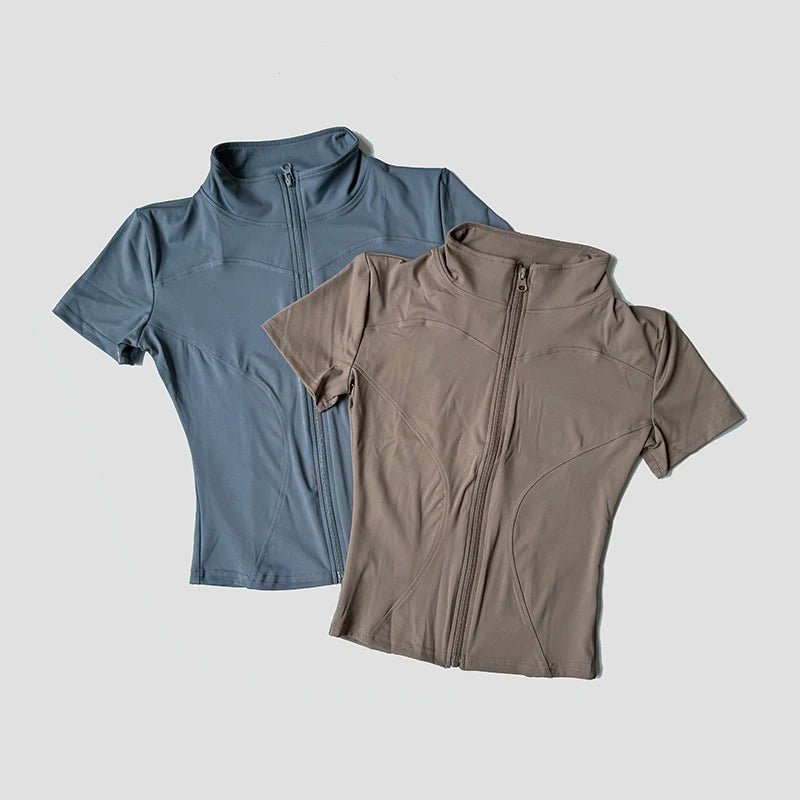 Slim Fit Short Sleeve Yoga Shirt Women's Stand Collar Zipper Jacket High End Running Sport Fitness Top