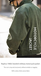 Swedish motorcycle jacket, men's retro military green casual cropped jacket, 100% cotton canvas workwear asymmetric safari style