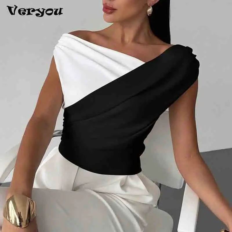 Sexy Short Sleeve Shirt Women Off Shoulder Patchwork Color Basic Tops Woman Summer Blouses Female Elegant Shirt Main image