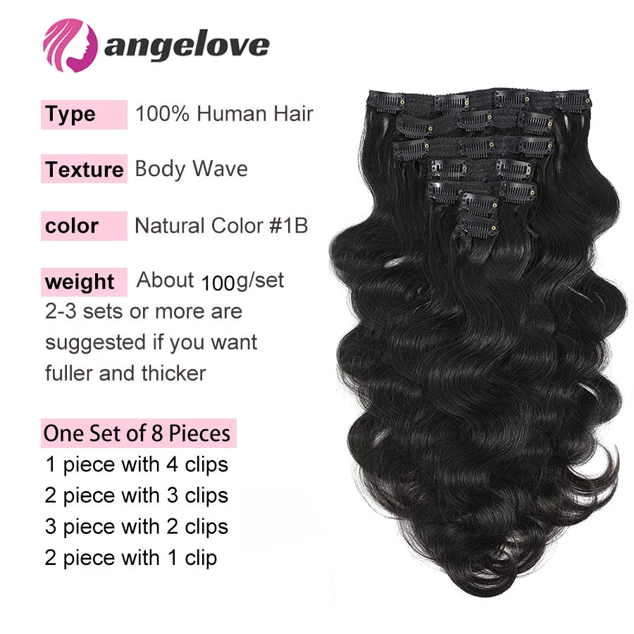 Wave Clip in Hair Extensions Real Human Hair Extensions Clip Ins 120 Gram Body Wave 18 Inch 8Pcs Natural Black 100% Human Hair