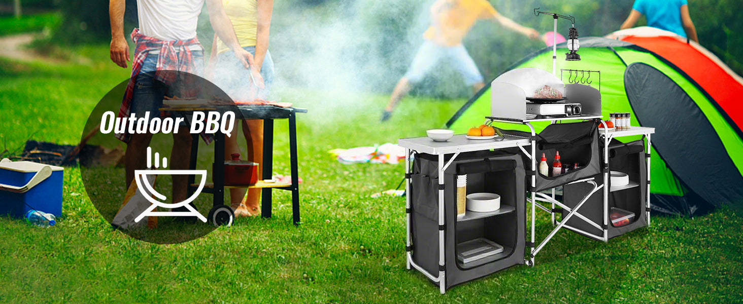 SucceBuy Camping Outdoor Kitchen Table Cabinet Foldable Folding Cooking Storage Rack Aluminum Alloy Bracket for BBQ Picnic